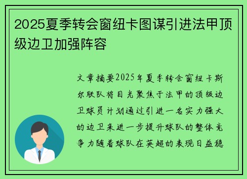 2025夏季转会窗纽卡图谋引进法甲顶级边卫加强阵容