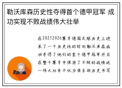 勒沃库森历史性夺得首个德甲冠军 成功实现不败战绩伟大壮举